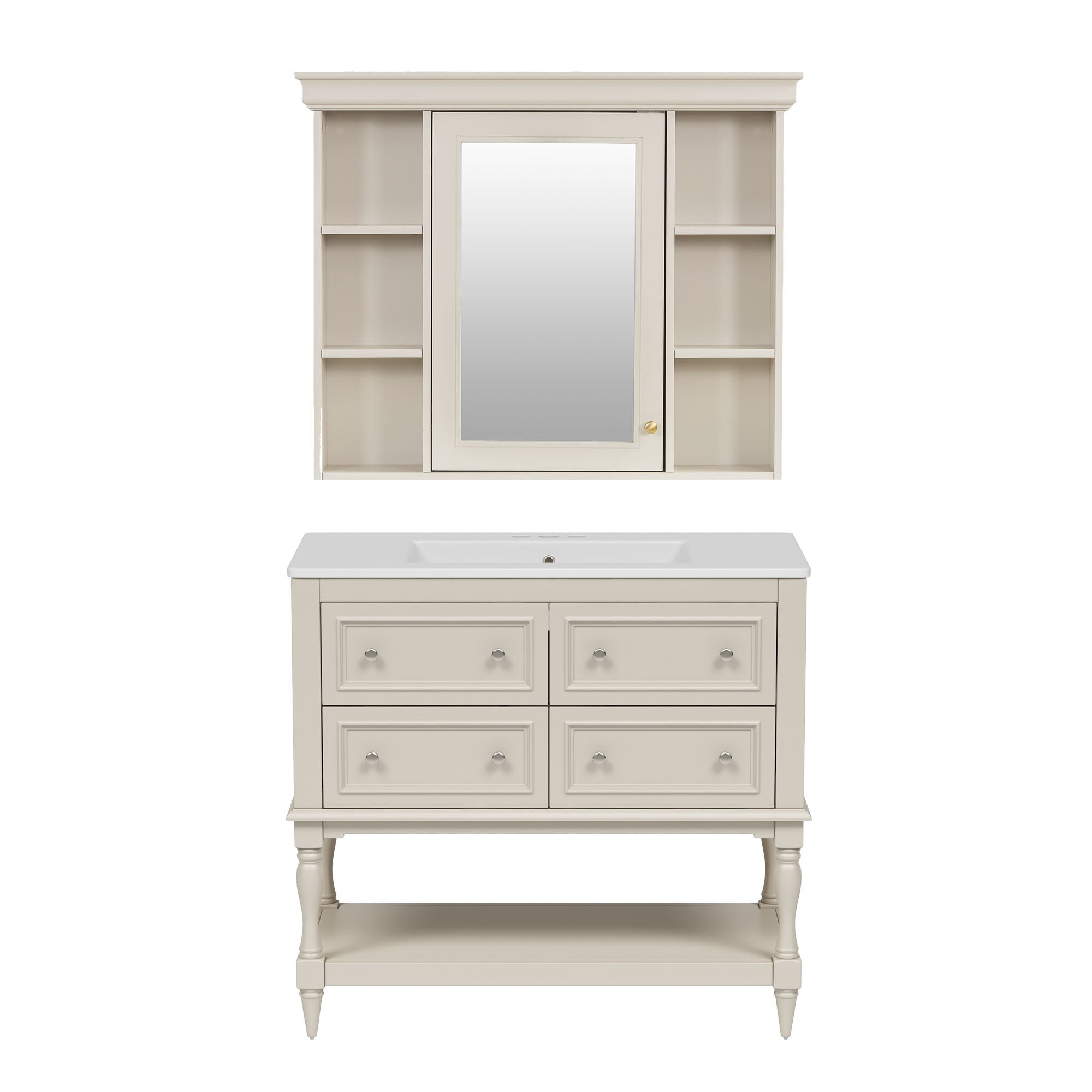 VanityFus 36-in Beige Bathroom Vanity Single Sink Medicine Cabinet Combo with Ceramic Top Undermount 1 Door 5 Drawers (Mirror Included)
